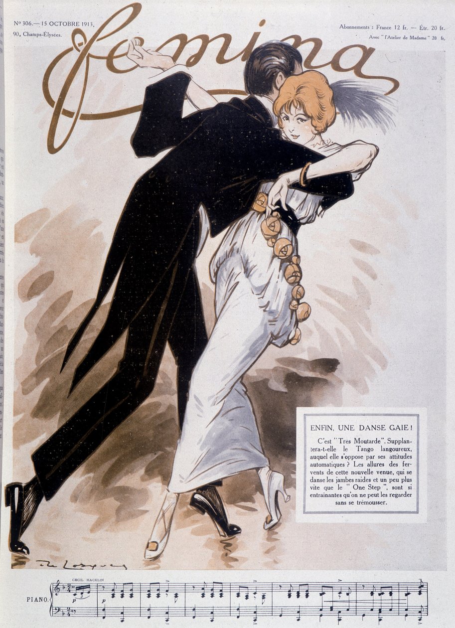 Par som dansar tango - illustration av Daniel De Losques (Henri Casimir Paul Thouroude) (1880-1915) - i "" Femina""" av 1913-10-15 av Daniel de Losques
