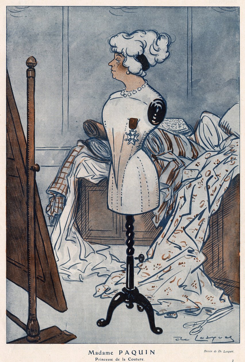 Madame Jeanne Paquin (1869-1936), fransk couturiere, representerad med hederslegionens kors som hon just har erhållit - illustration av Daniel De Losques (Henri Casimir Paul Thhouroude dit) (1880-1915) i "" Fantasio"" av 1913 av Daniel de Losques