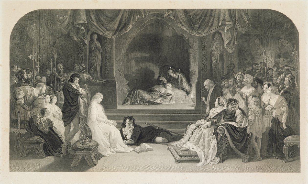 The Play Scene, Act III, Scene II of Hamlet av William Shakespeare, graverad av Charles W. Sharpe (litho) av Daniel (after) Maclise