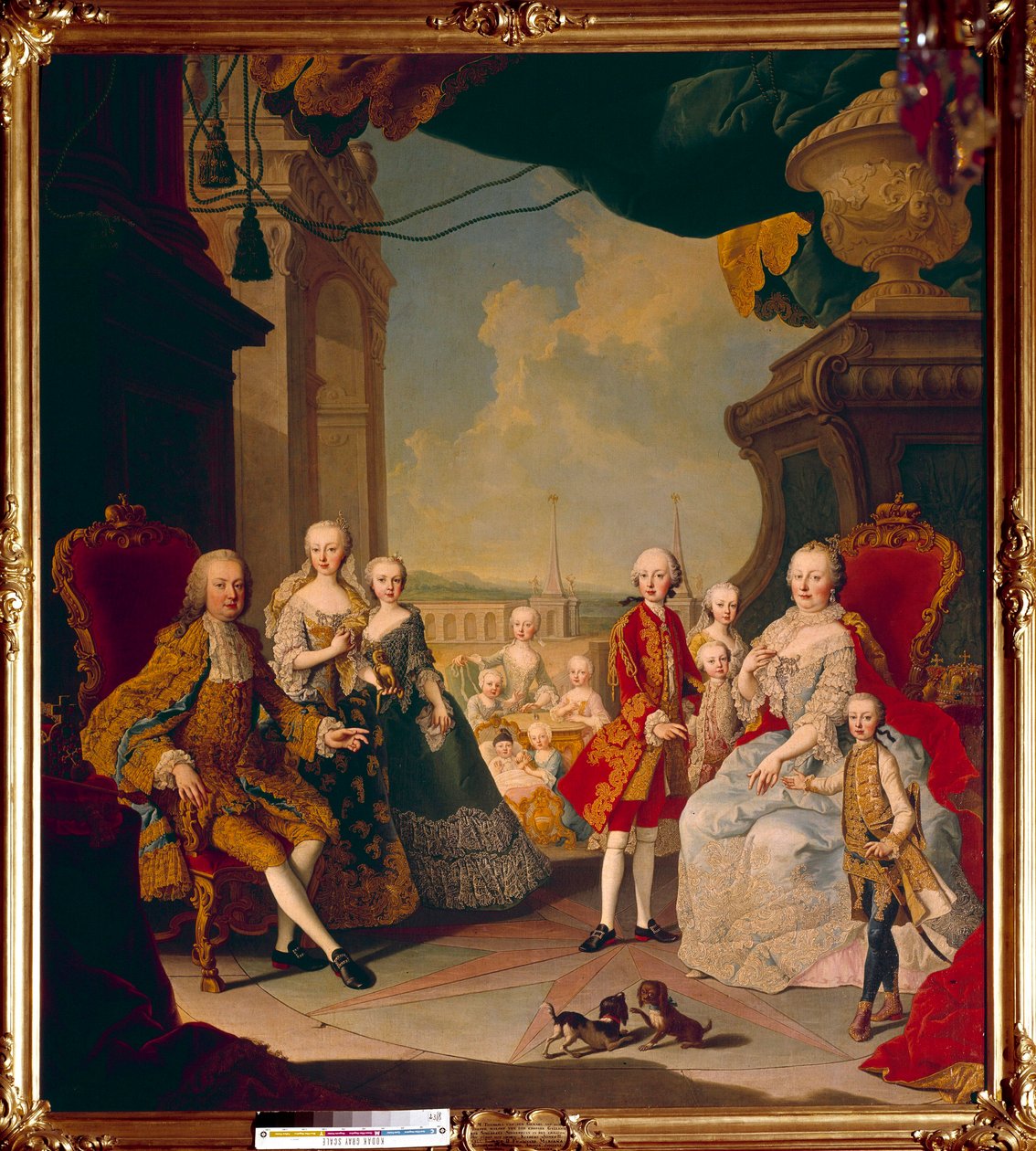Francois I av det heliga riket (1708-1765) och hans fru, imponen Marie Therese Iere (1717-1780) med sina elva barn på terrassen till slottet Schönbrunn (eller Schönbrunn) Den blivande drottningen Marie Antoinette poserar fortfarande i centrum bebis. Måla av Daniel (and Studio) (after) Mytens