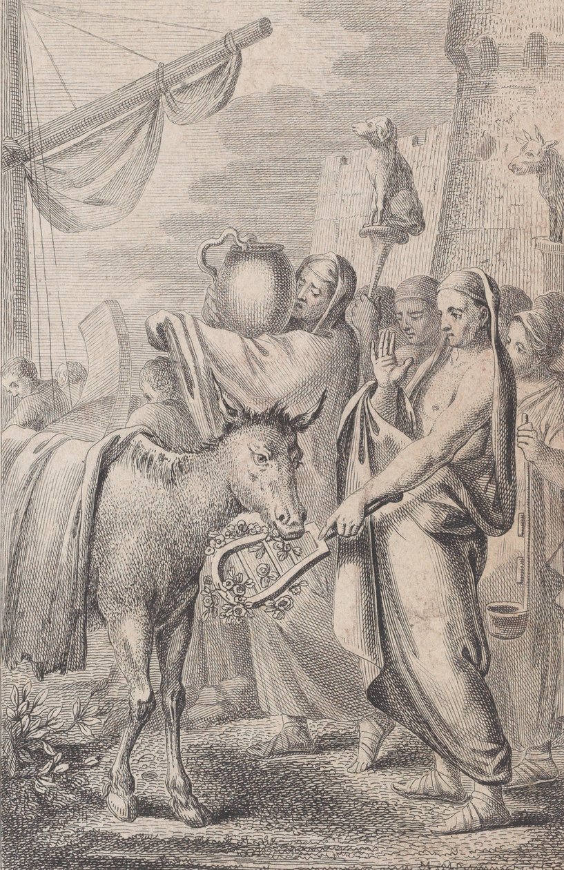 Figurer till höger nära ett skepp, några håller upp djur över huvudet, en häst till vänster, 1783 av Daniel Berger