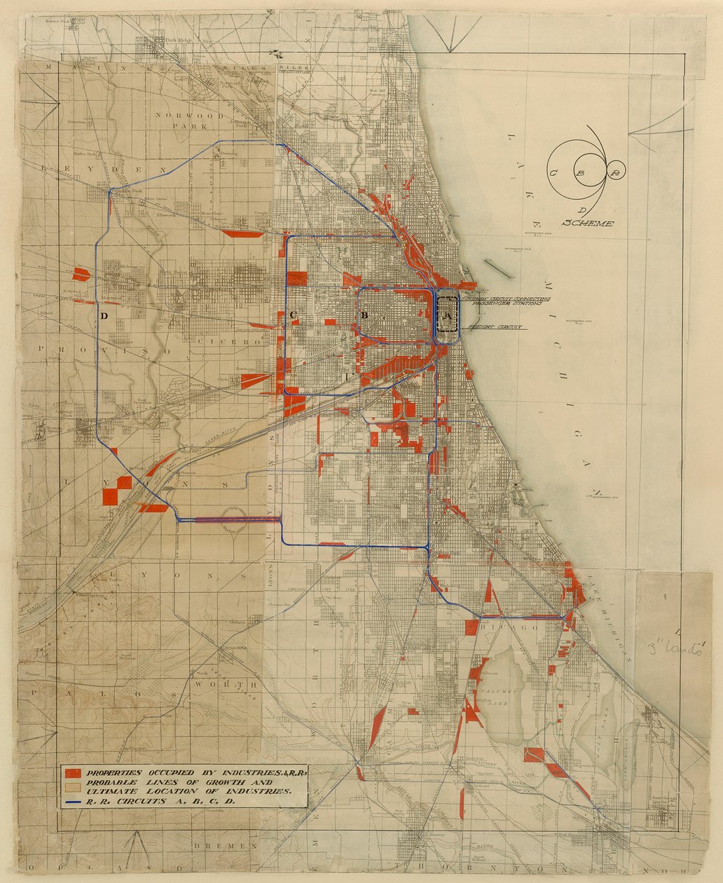 Plan för Chicago, Chicago, Illinois, Järnvägskretsdiagram, 1909. av Daniel Burnham