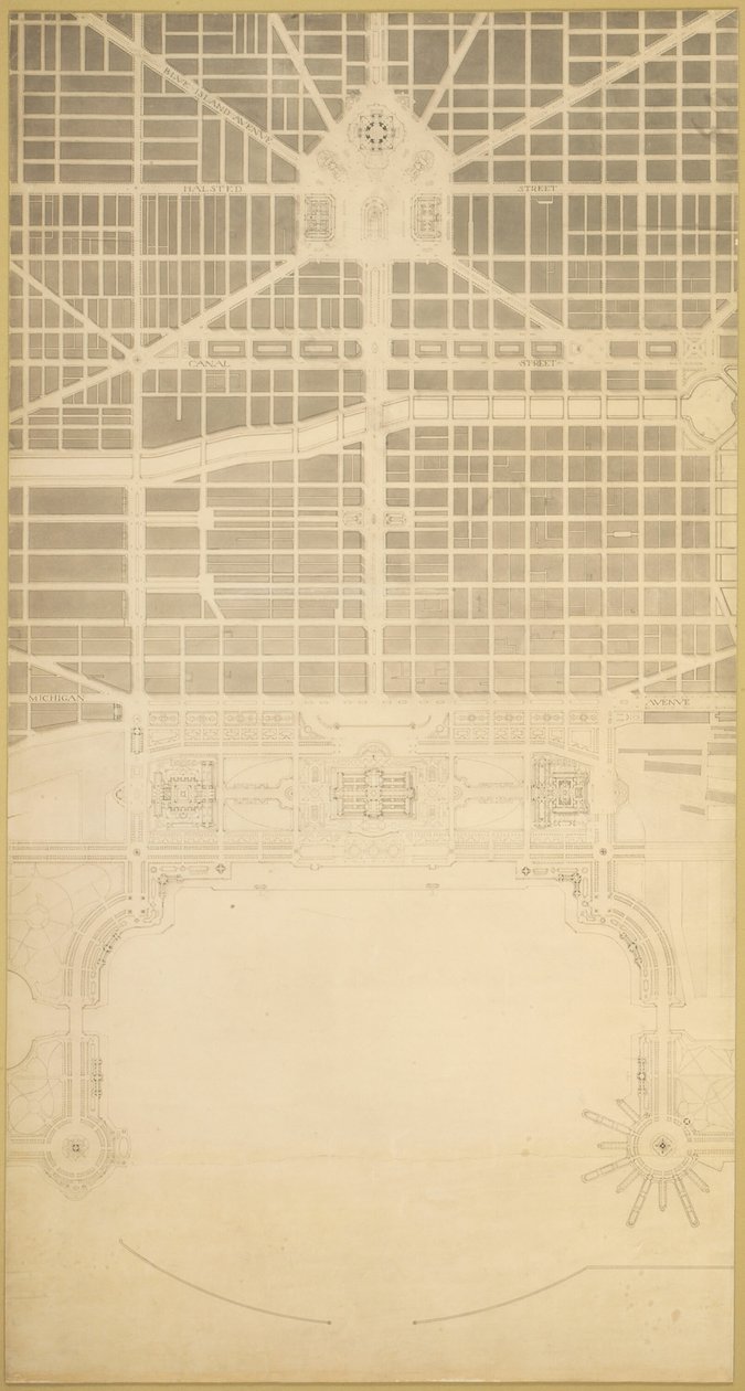 Plåt 129 från The Plan of Chicago, 1909: Chicago. Stadens affärscentrum, inom... av Daniel Burnham