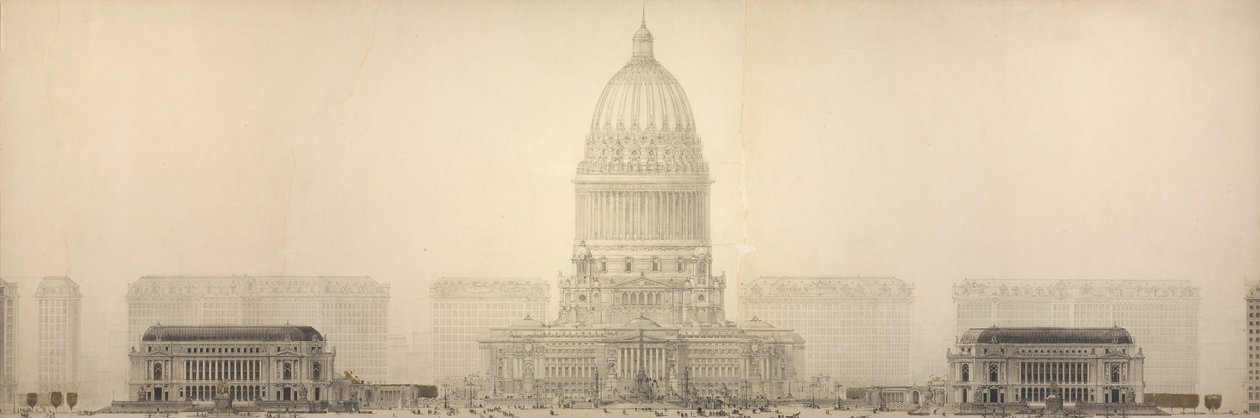 Plåt 131 från The Plan of Chicago, 1909: Chicago. Höjd som visar gruppen av byggnader... av Daniel Burnham