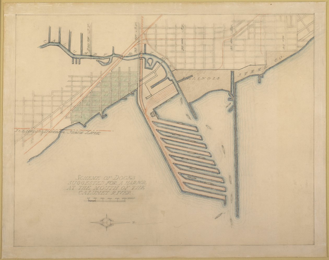 Plåt 72 från The Plan of Chicago, 1909: Chicago. Skissdiagram över dockor föreslagna vid munnen... av Daniel Burnham