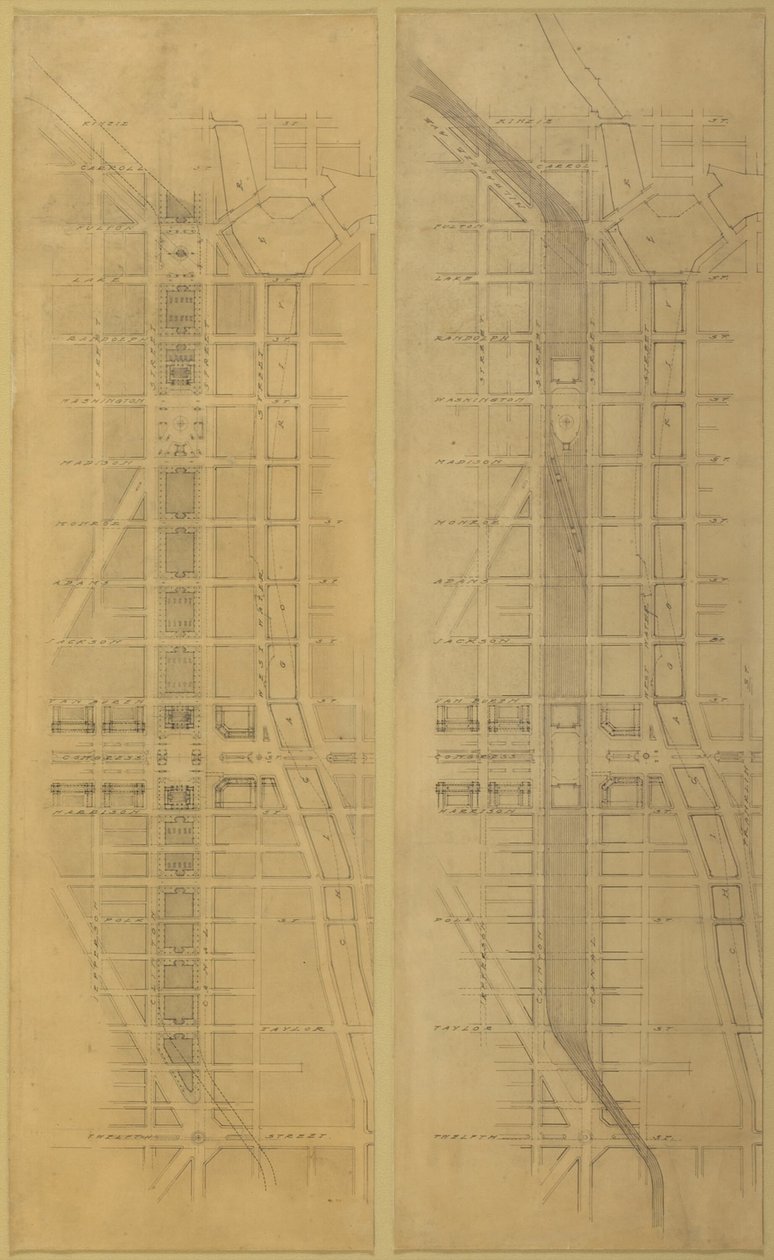 Plåt 79 2 Ritningar från The Plan of Chicago, 1909: Föreslagen plats och arrangemang av... av Daniel Burnham