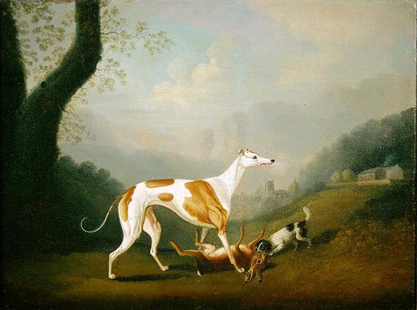 Vinthund med en spanielvalp och död hare (olja på duk) av Daniel Clowes