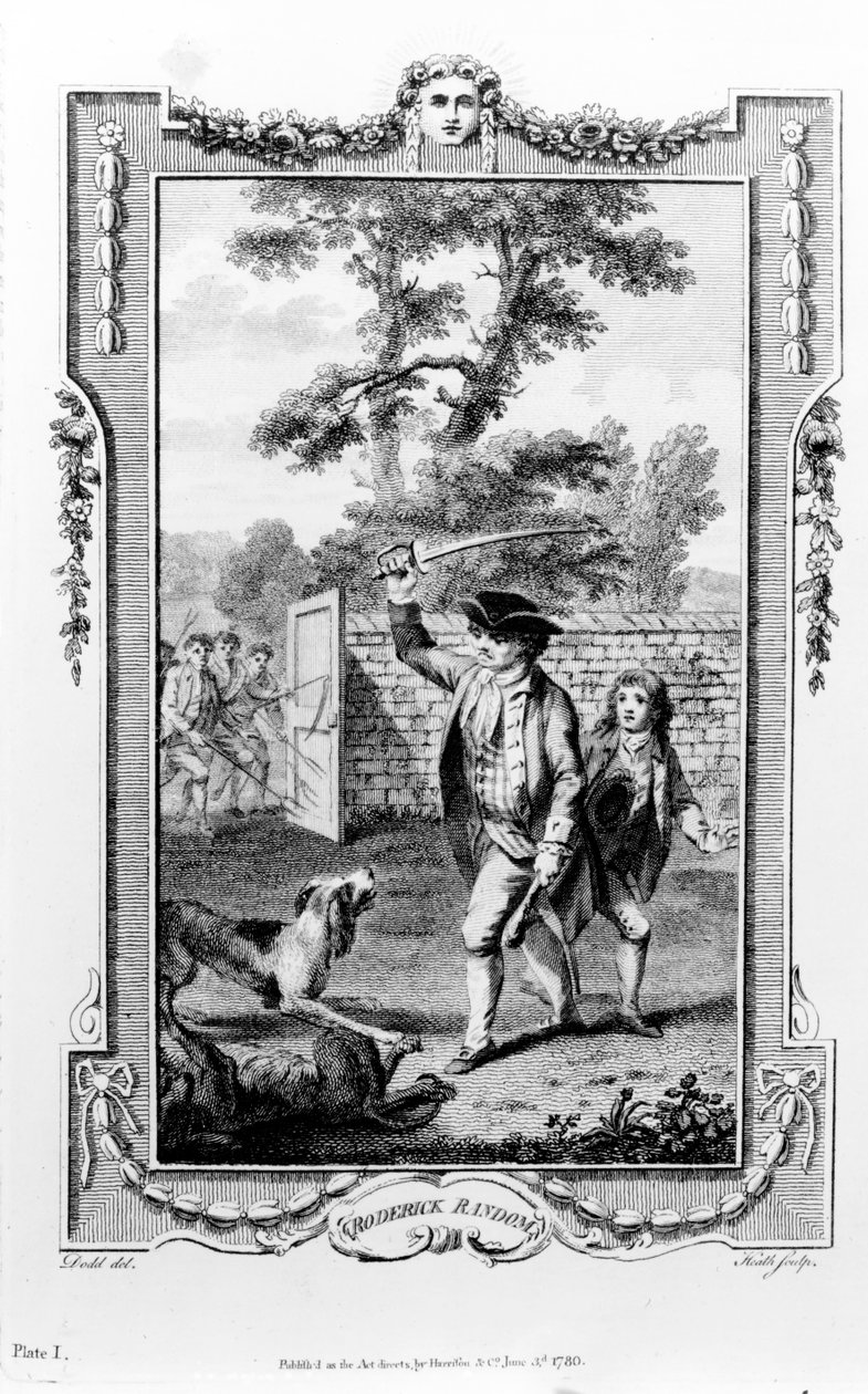 Roderick Randoms farbror attackeras av hundar, illustration från 