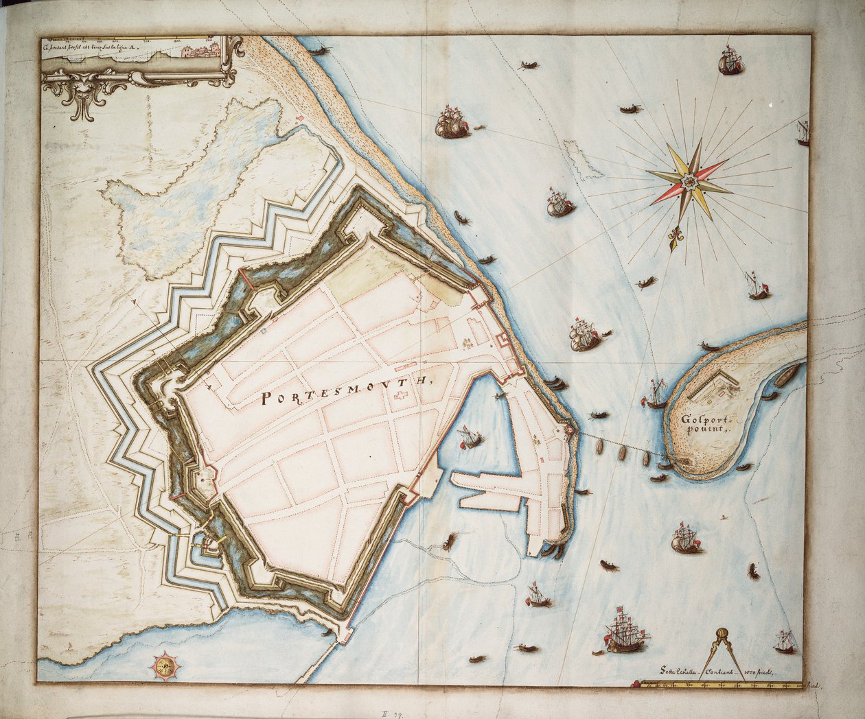 Sjökort över Portsmouth, ca 1668 (linne, papper) av Daniel Favreau de la Fabvolliere
