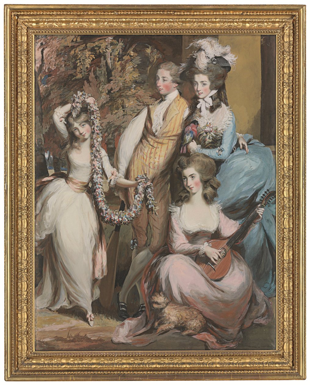 Ett porträtt i helfigur av Mary Sturt of Crichel (1740-1807) stående med sina tre äldsta barn, Diana, Mary och Humphry (blyerts, pastell och akvarell) av Daniel Gardner