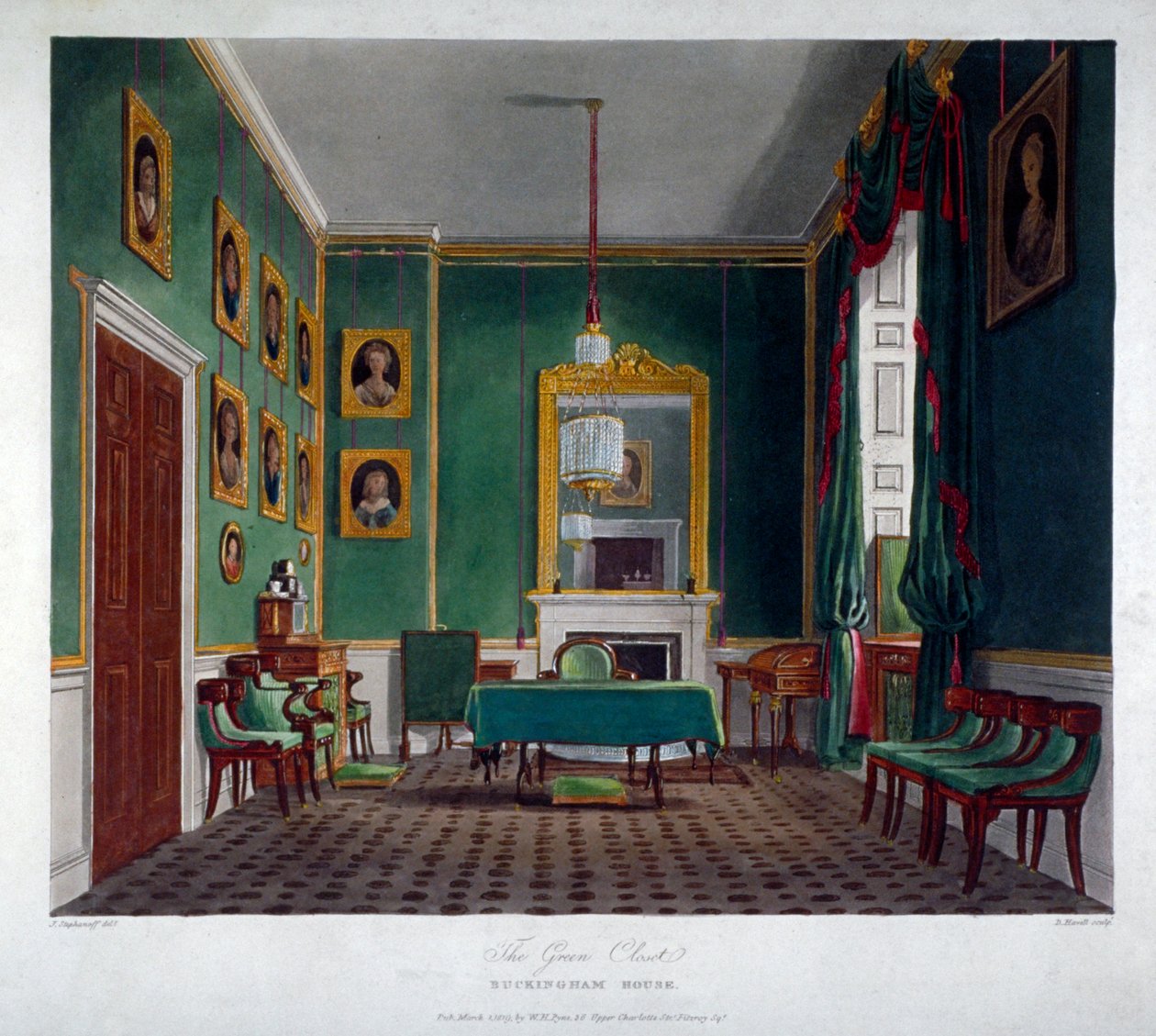 Interiörvy av den gröna garderoben i Buckingham House, Westminster, London, 1819 av Daniel Havell
