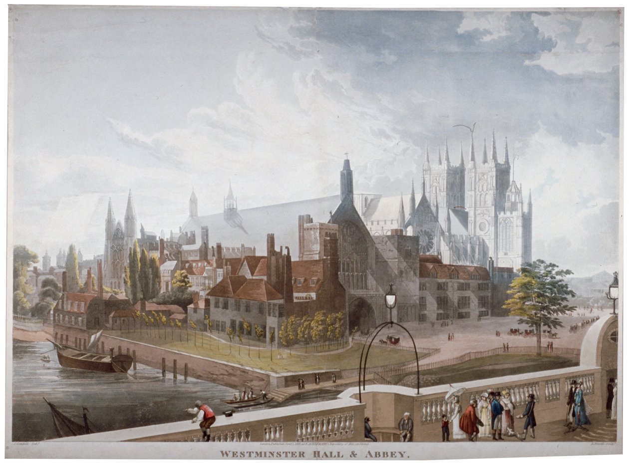 Utsikt över Westminster Hall och Abbey, från Westminster Bridge, London, 1819. av Daniel Havell