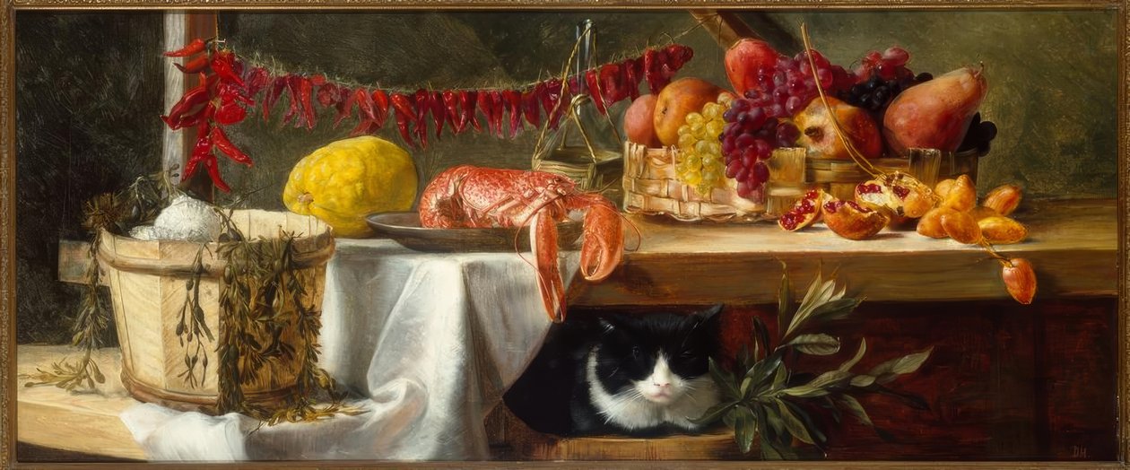 Stilleben med pepperoni, frukt, en hummer och en katt av Daniel Hock