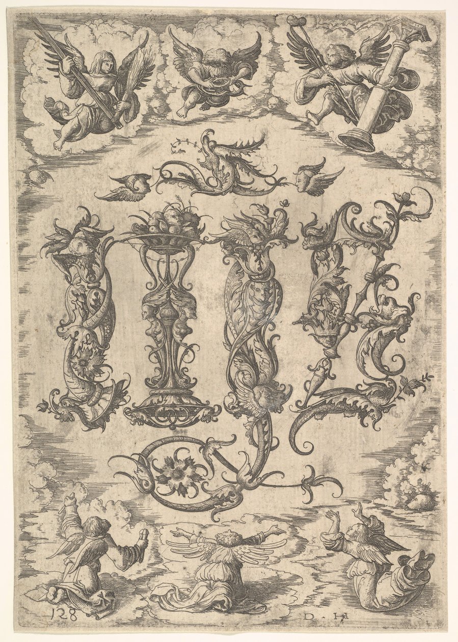 IHS-monogram omgivet av sex änglar, ca. 1485-1536. av Daniel Hopfer