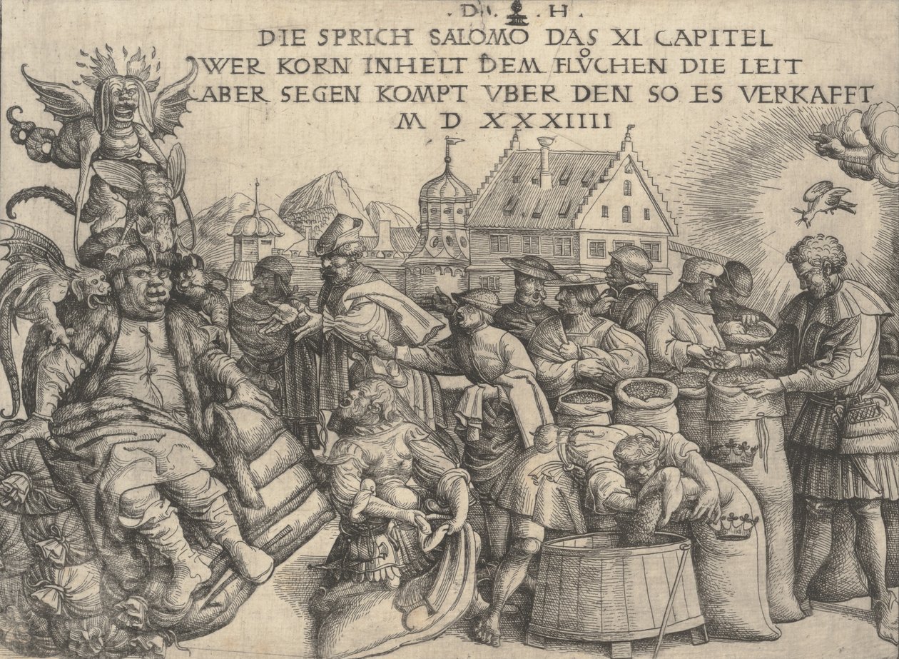 Illustration till Ordspråksboken 11:26, 1534. av Daniel Hopfer