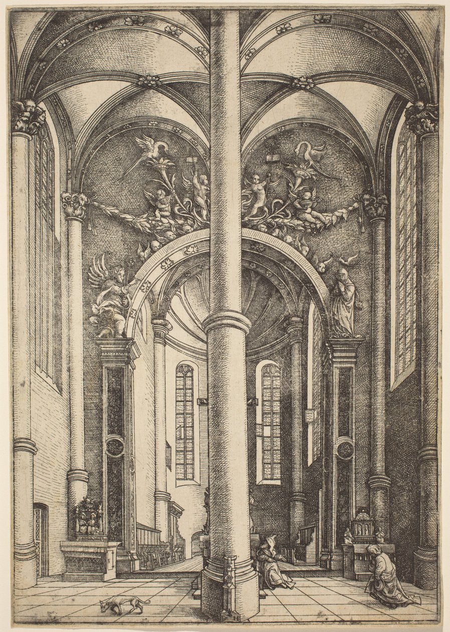 Interiör i kyrkan Saint Katherine med liknelsen om fariséen och publikanen av Daniel Hopfer