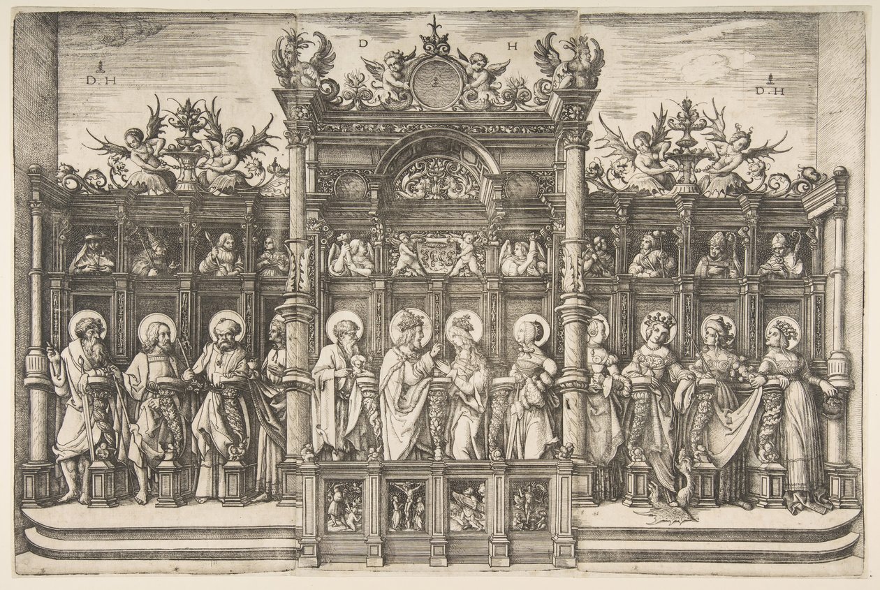 Stort körstall med Kristus som välsignar jungfrun, ca. 1518-20. av Daniel Hopfer