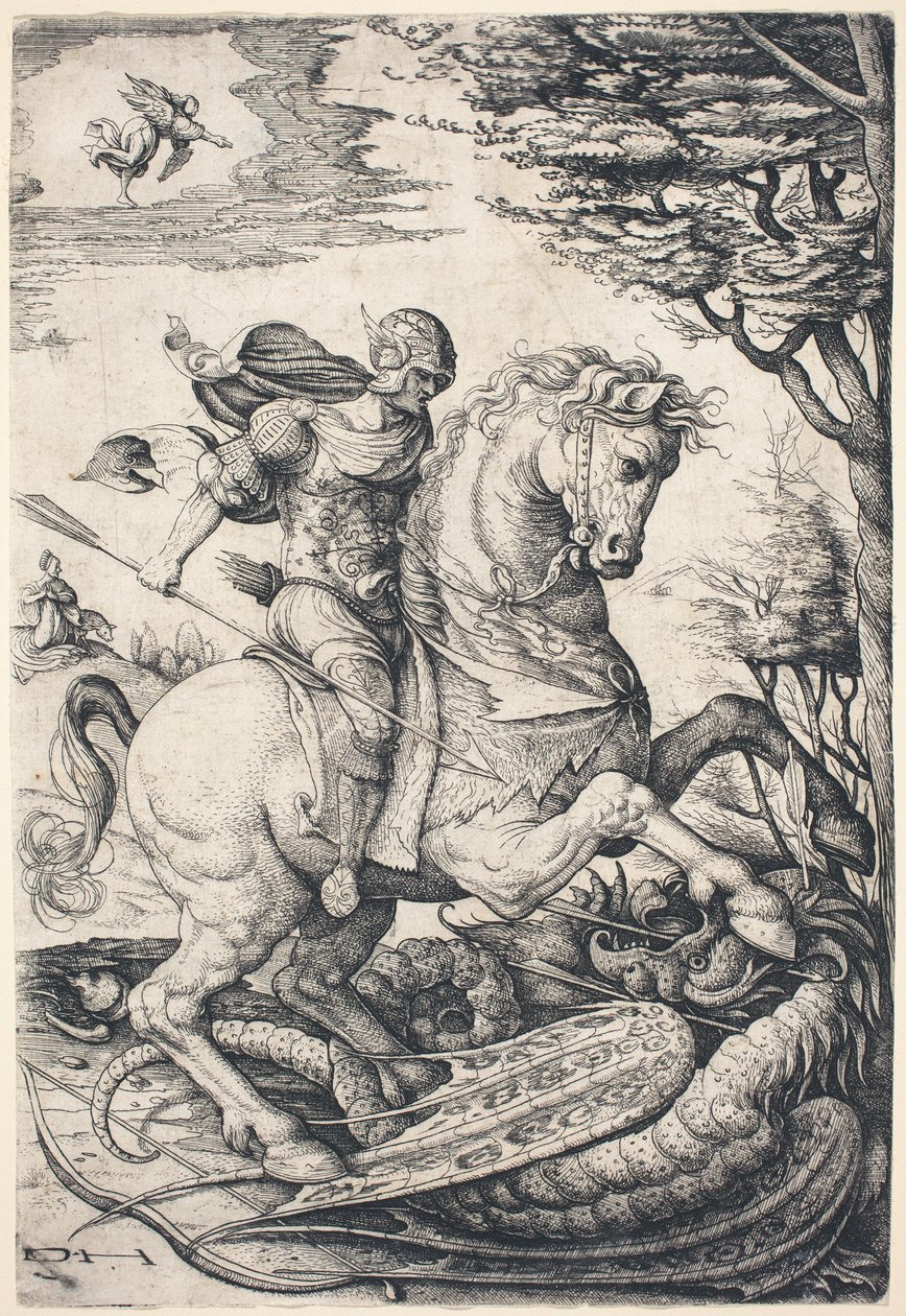 Saint George till häst som dräper draken av Daniel Hopfer