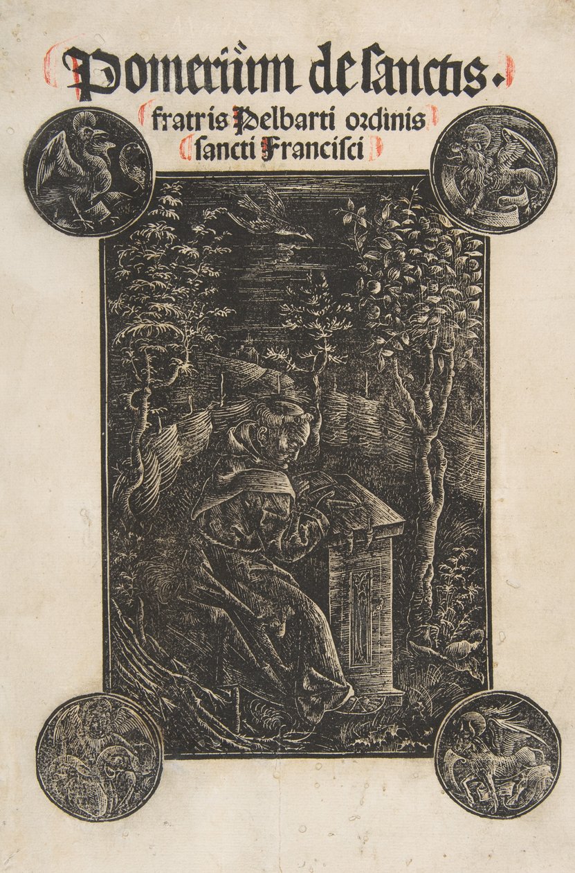 Franciskanen, Pelbart av Temesvar, Studerar i en trädgård Schr. 2876, 1502. av Daniel Hopfer.