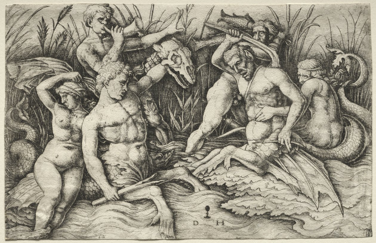 Två Tritons slåss - Battle of the Sea Gods (höger del) av Daniel Hopfer