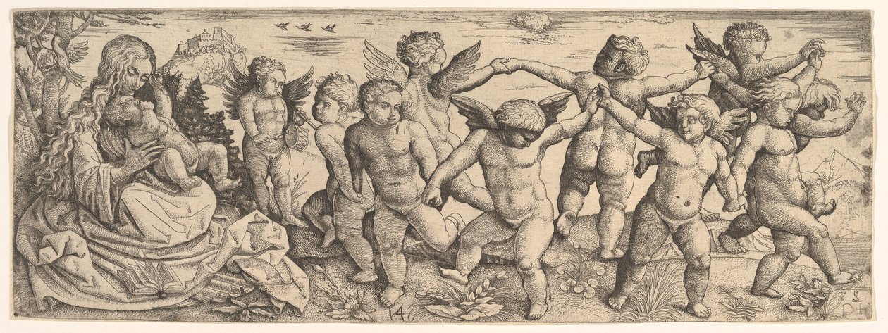 Jungfru och barn med änglar som dansar i ett landskap, 1530-talet. av Daniel Hopfer
