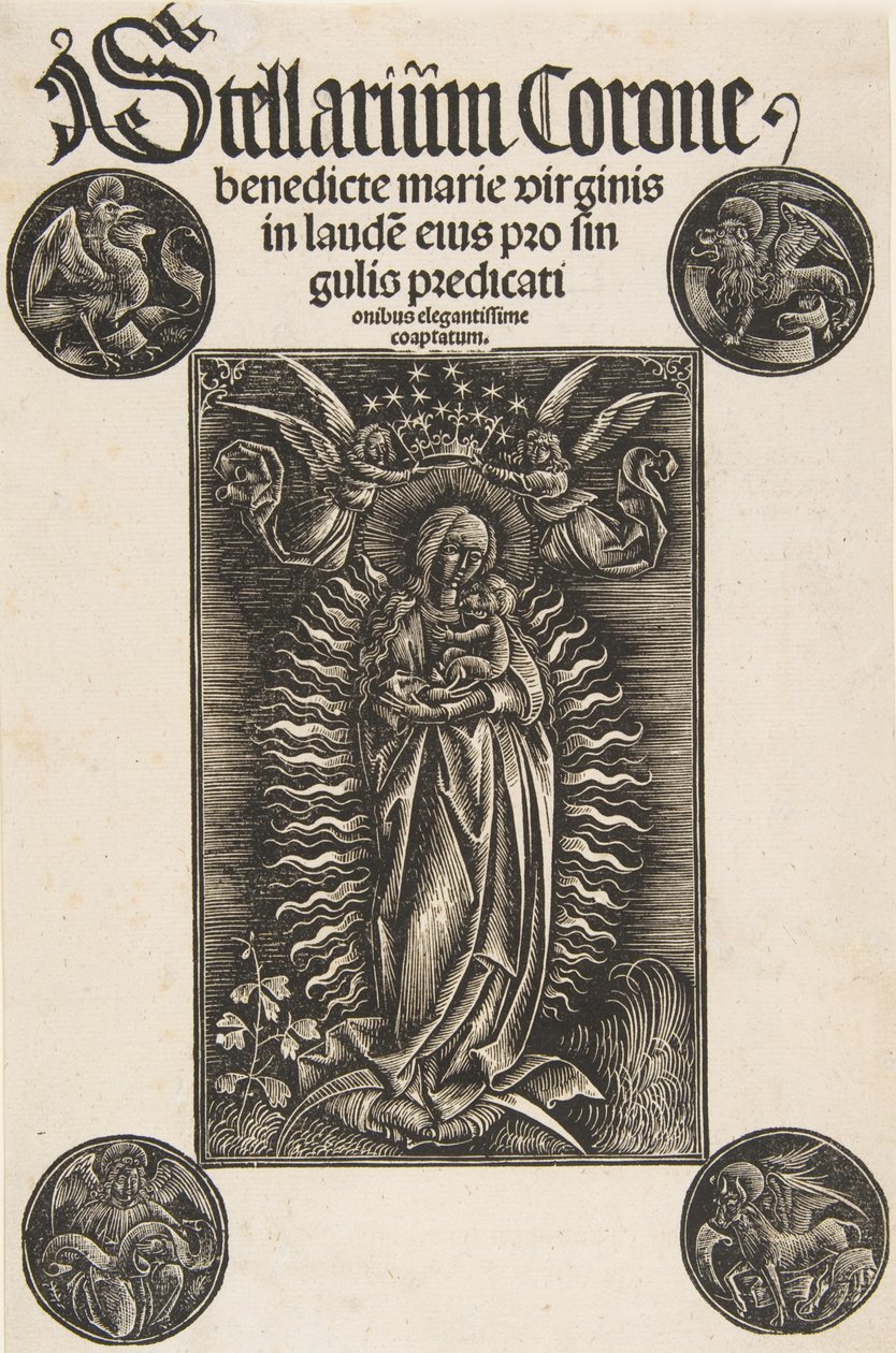 Virgin on a Crescent, Titelsida från Pelbartus de Temesvar: Stellarium corone Schr. 2869..., 1502. av Daniel Hopfer.
