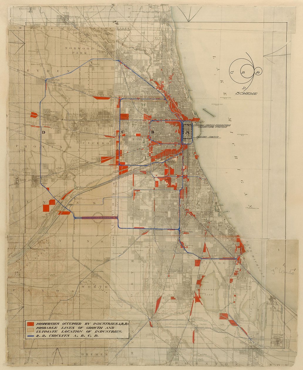 Plan för Chicago, Chicago, Illinois, Järnvägskretsdiagram av Daniel Hudson Burnham