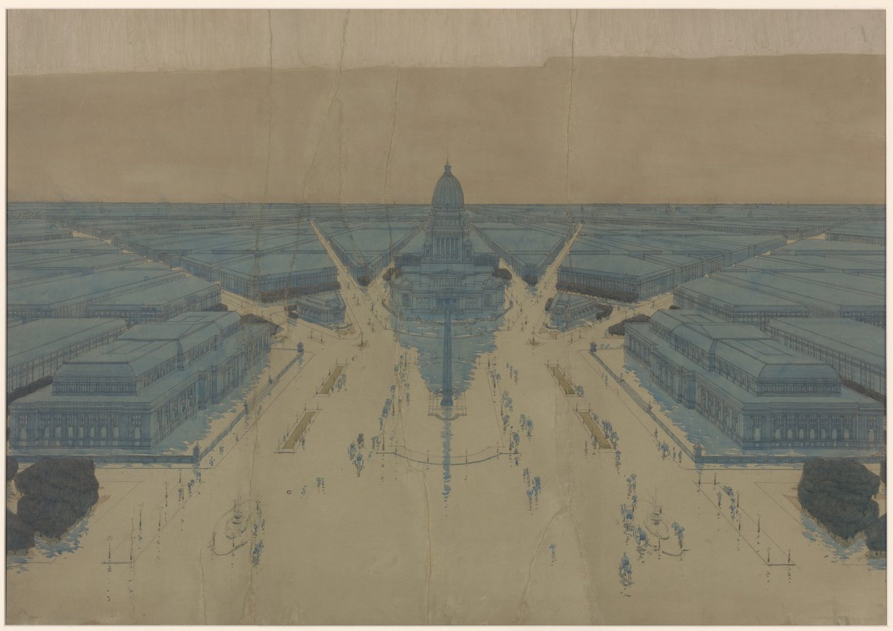 Vy över det föreslagna Civic Center Plaza och byggnaderna, 1909 års plan över Chicago av Daniel Hudson Burnham