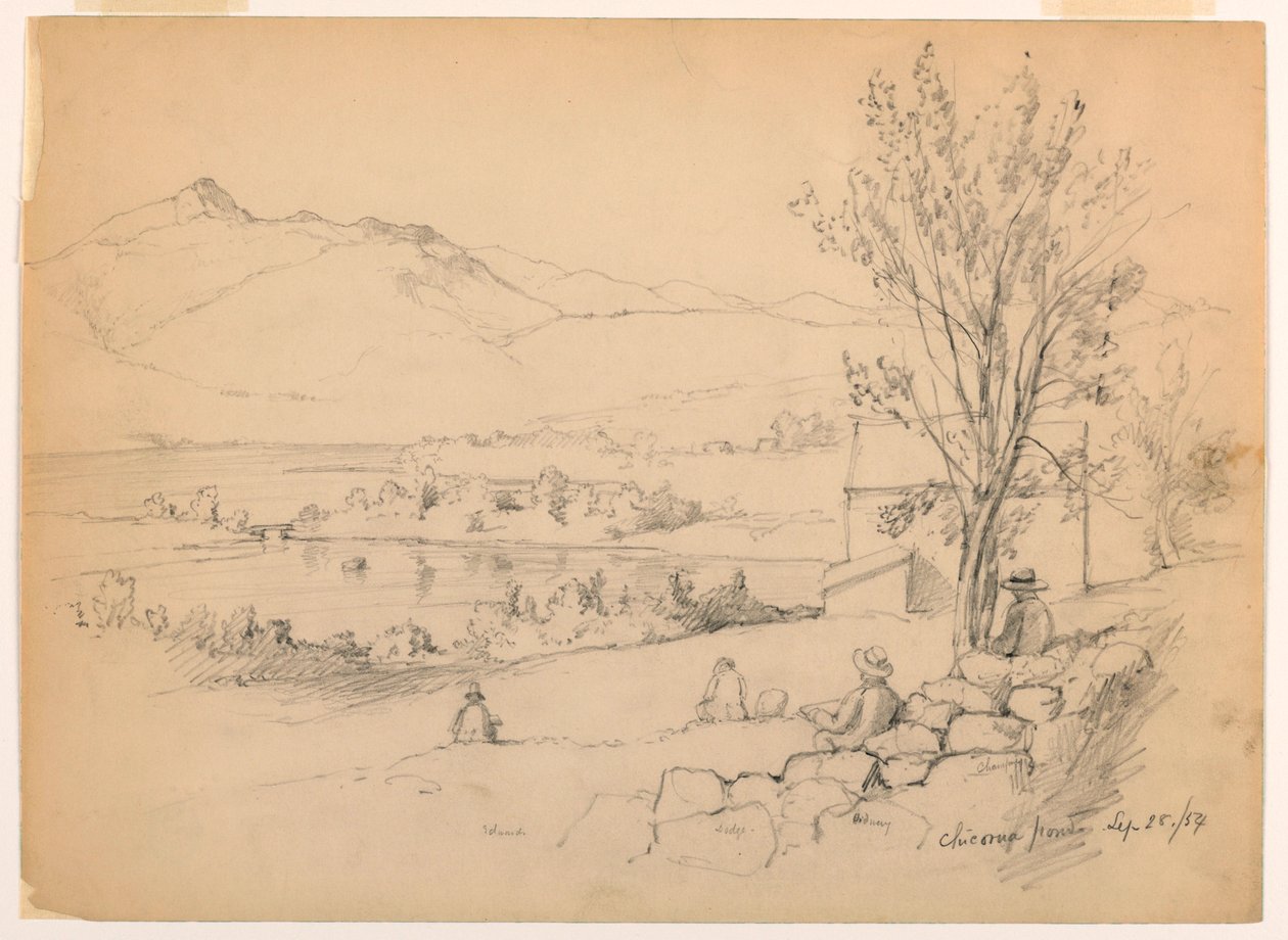 Teckning, Konstnärer skissar vid Chocorua Pond, New Hampshire, 28 september 1854 av Daniel Huntington