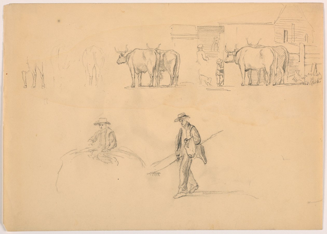 Teckning, Barnyard; Figurer och oxar, 1878 av Daniel Huntington