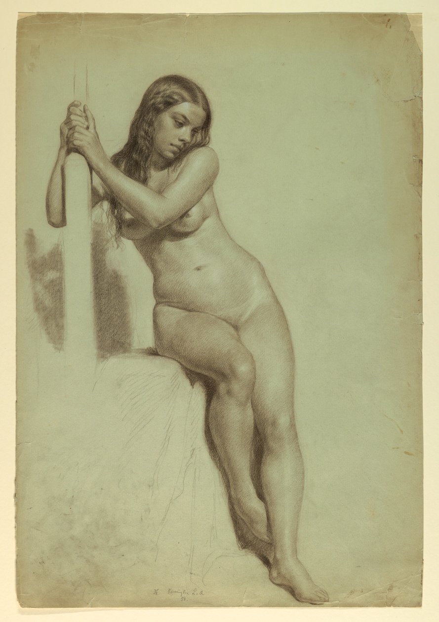 Teckning, Kvinnlig naken på pall, 1858 av Daniel Huntington