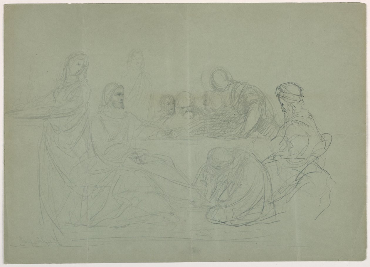 Teckning, Maria tvättar Kristi fötter, flera män sittande vid ett bord; Verso: anteckningar, 1852 av Daniel Huntington