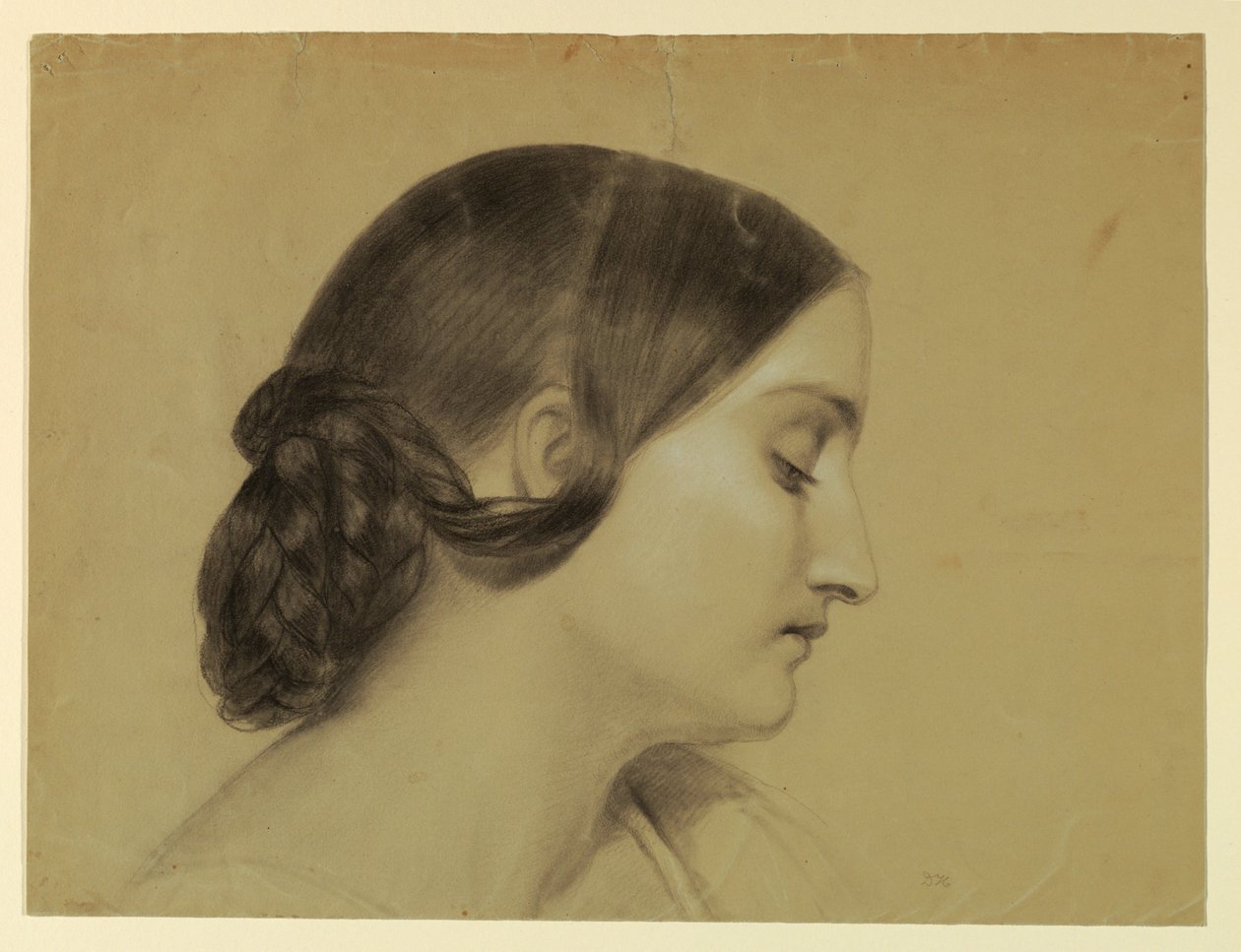 Teckning, Profil av en kvinna med flätad knut, ca 1845 av Daniel Huntington