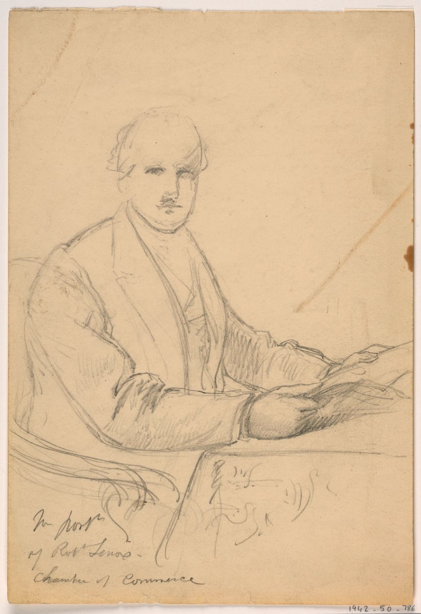 Teckning, Robert Lenox sittande vid ett skrivbord för porträtt av handelskammaren, 1865 av Daniel Huntington