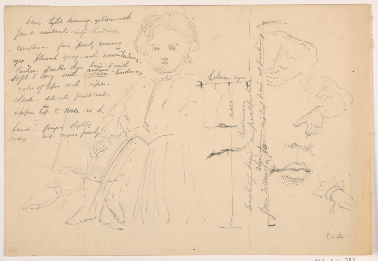 Teckning, Barnet Hugh Baxter stående, hand- och läppstudier, 1865 av Daniel Huntington
