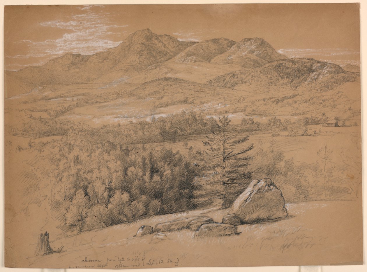 Ritning, Vy över Mount Chocorua, från kullen till höger om Albany Road, 12 september 1854 av Daniel Huntington