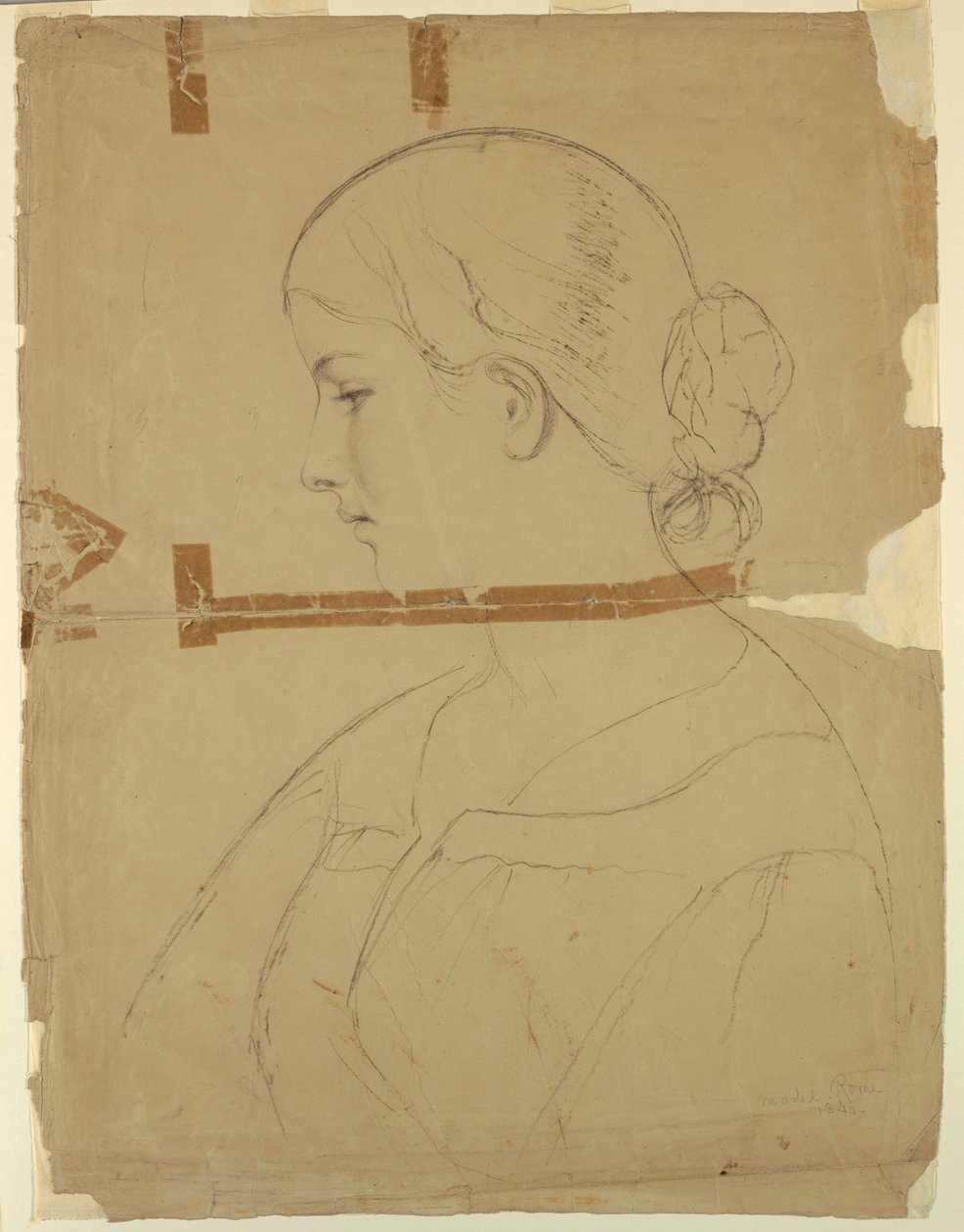 Teckning, Kvinna i profil, modell i Rom, 1840 av Daniel Huntington
