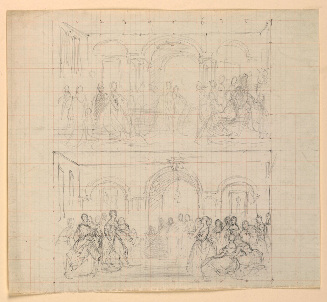 Två figurkompositioner för målningen "The Republican Court" (Lady Washingtons mottagningsdag) av Daniel Huntington