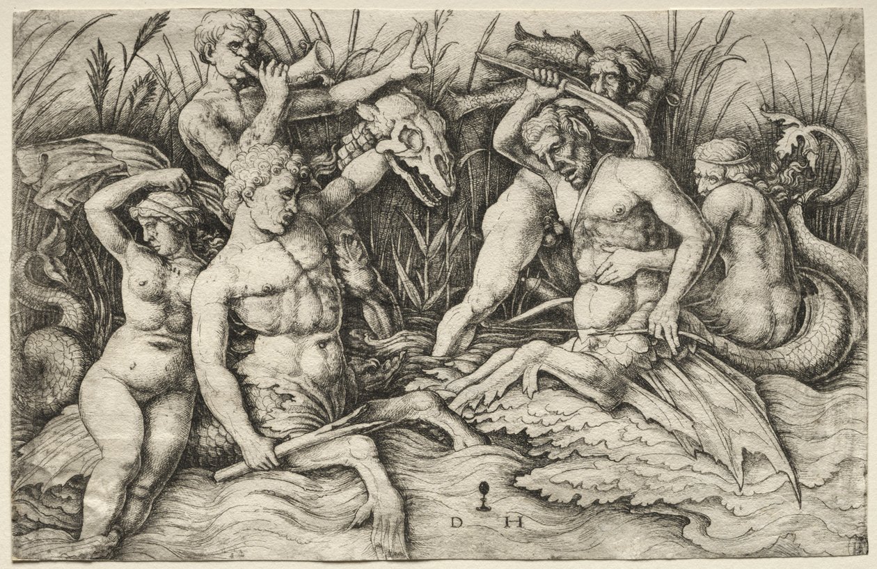 Två Tritons slåss - Battle of the Sea Gods (höger del) av Daniel I Hopfer