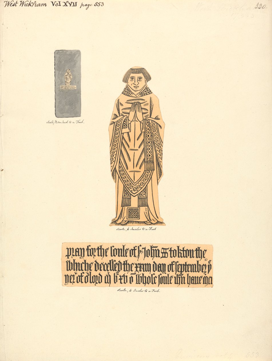 Mässingsplåtmonumentet för John Stockton, West Wickham Church av Daniel Lysons