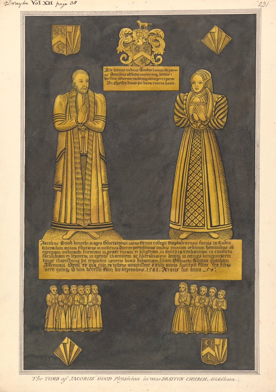 Mässingsplatta för Dr James Goode och hans fru Joan, dotter till Edward Clinton, West Drayton Church av Daniel Lysons