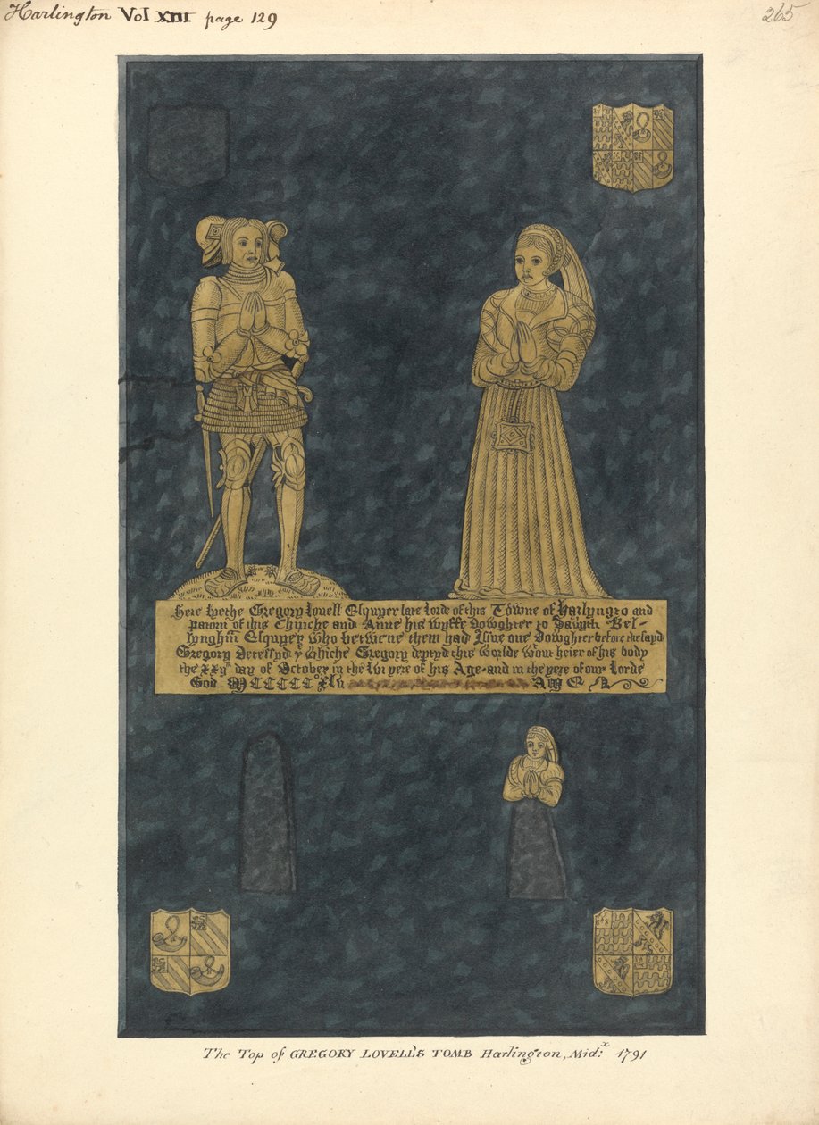 Mässingsplatta för Gregory Lovell och hans fru Anne, David Bellinghams dotter, Harlington Church av Daniel Lysons