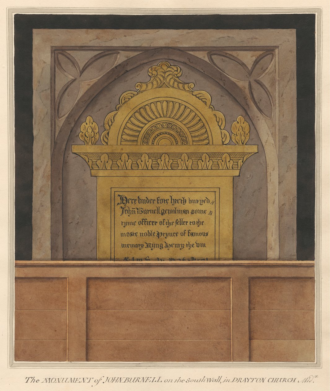 Mässingsplatta för John Burnell från Drayton Church av Daniel Lysons