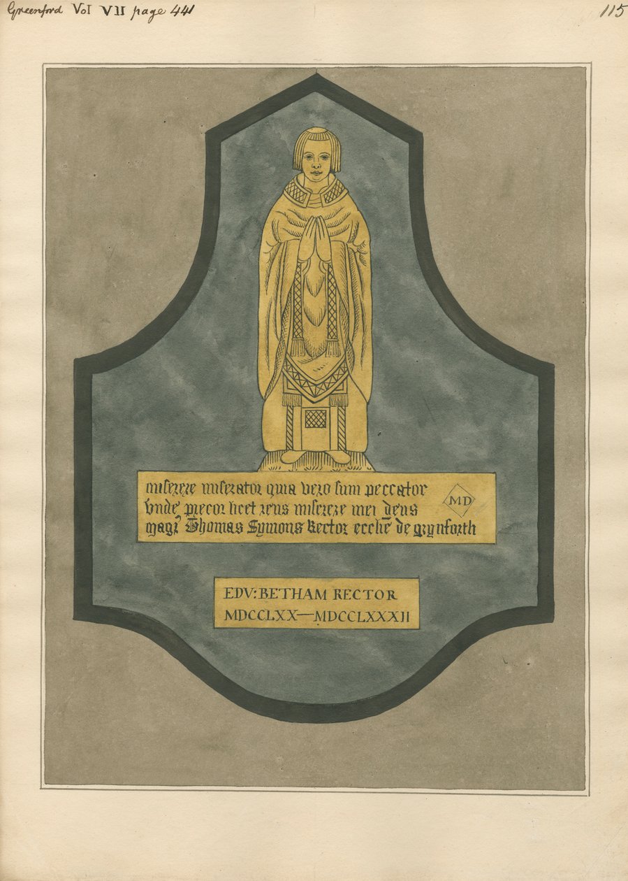 Mässingsplatta för Thomas Symons från Greenford Church av Daniel Lysons