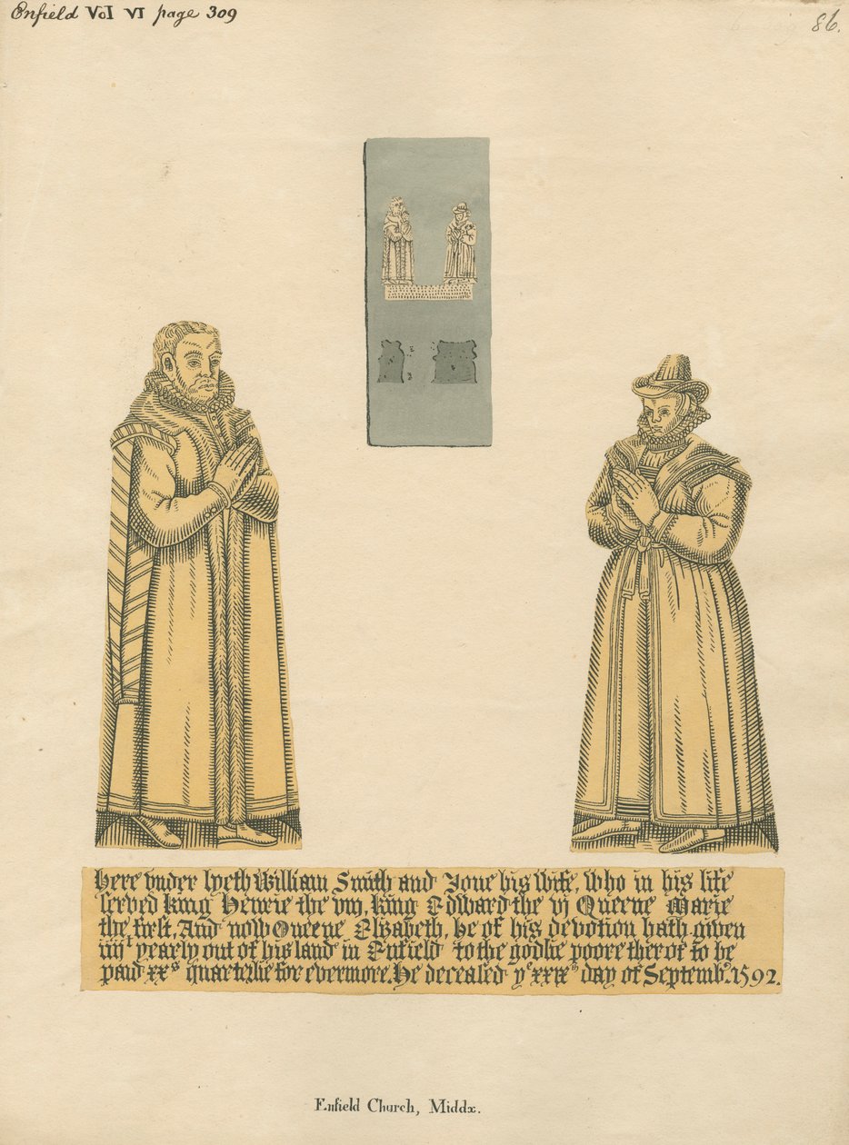 Mässingsplatta för William och Jane Smith från Enfield Church av Daniel Lysons