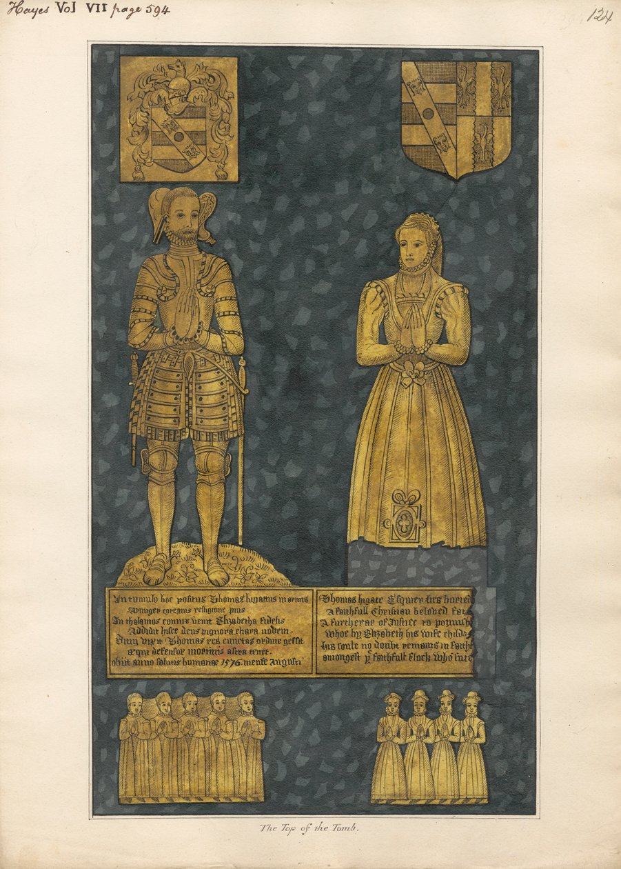 Mässingsplatta på toppen av Tomb of Thomas and Elizabeth Higate från Hayes Church av Daniel Lysons