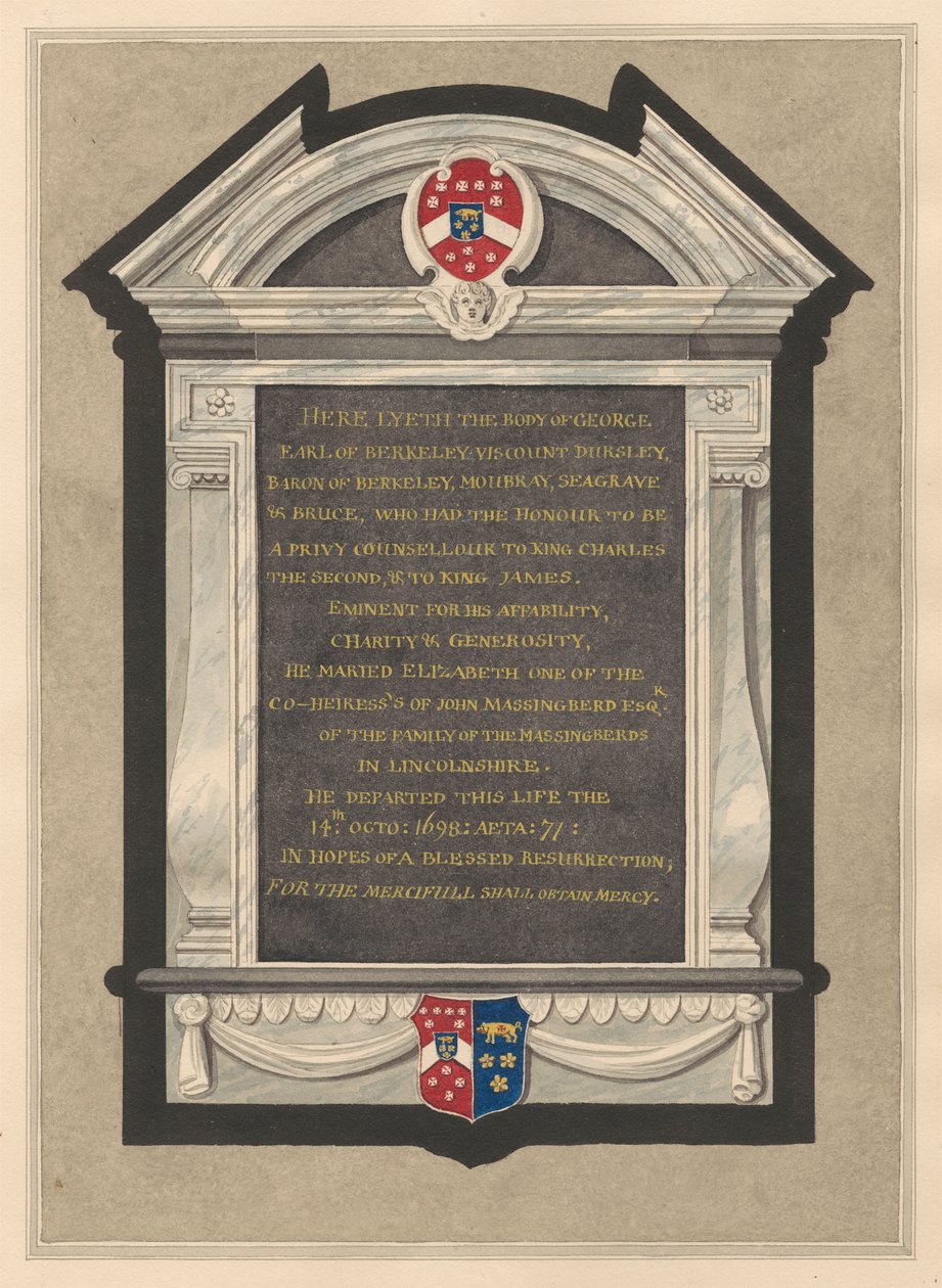 Memorial av George, Earl of Berkeley från Cranford Church av Daniel Lysons