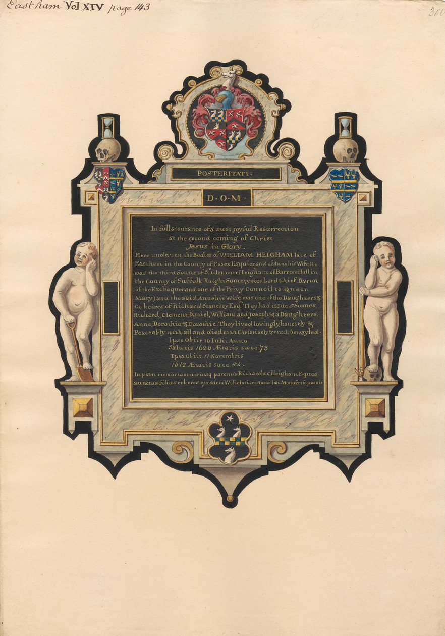 Minnesmärke över Anna och William Heigham från East Ham Church av Daniel Lysons