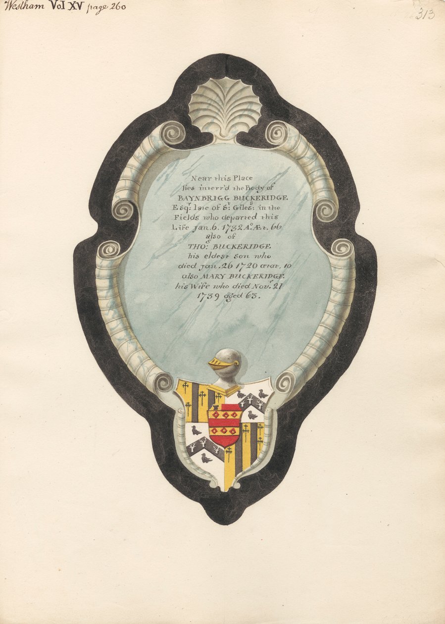 Minnesmärke över Baybrigg Buckeridge, hans fru Mary och hans son Thomas från West Ham Church av Daniel Lysons
