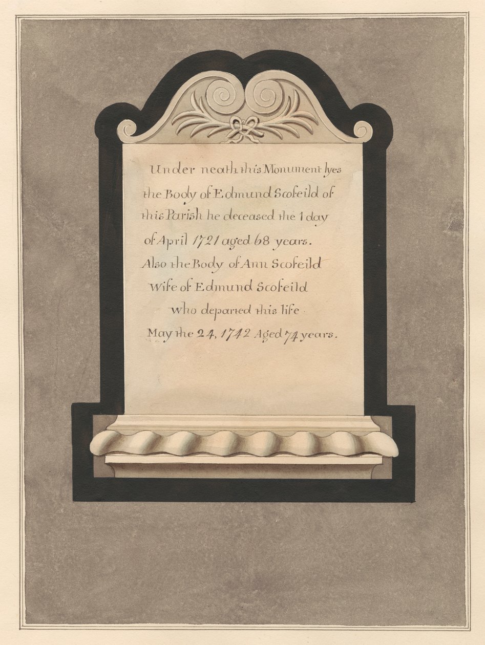 Minnesmärke över Edmund Scofield och hans fru Ann från Cowley Church av Daniel Lysons